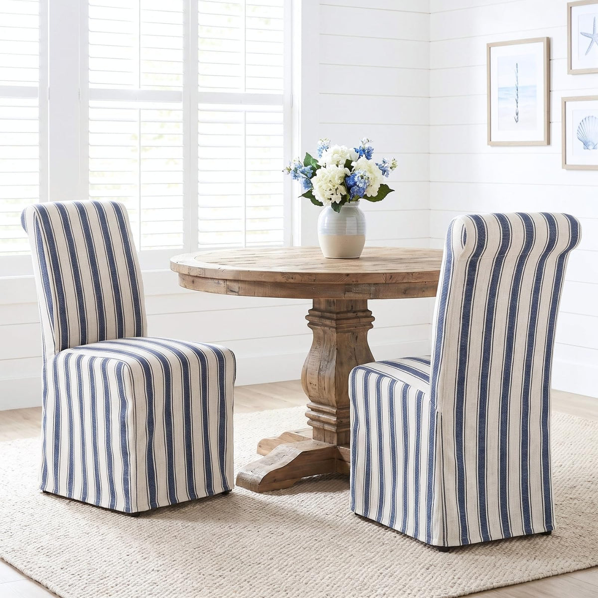 chairus Slipcovered Upholstered Parsons Dining Chairs Set of 4, Blue Stripe