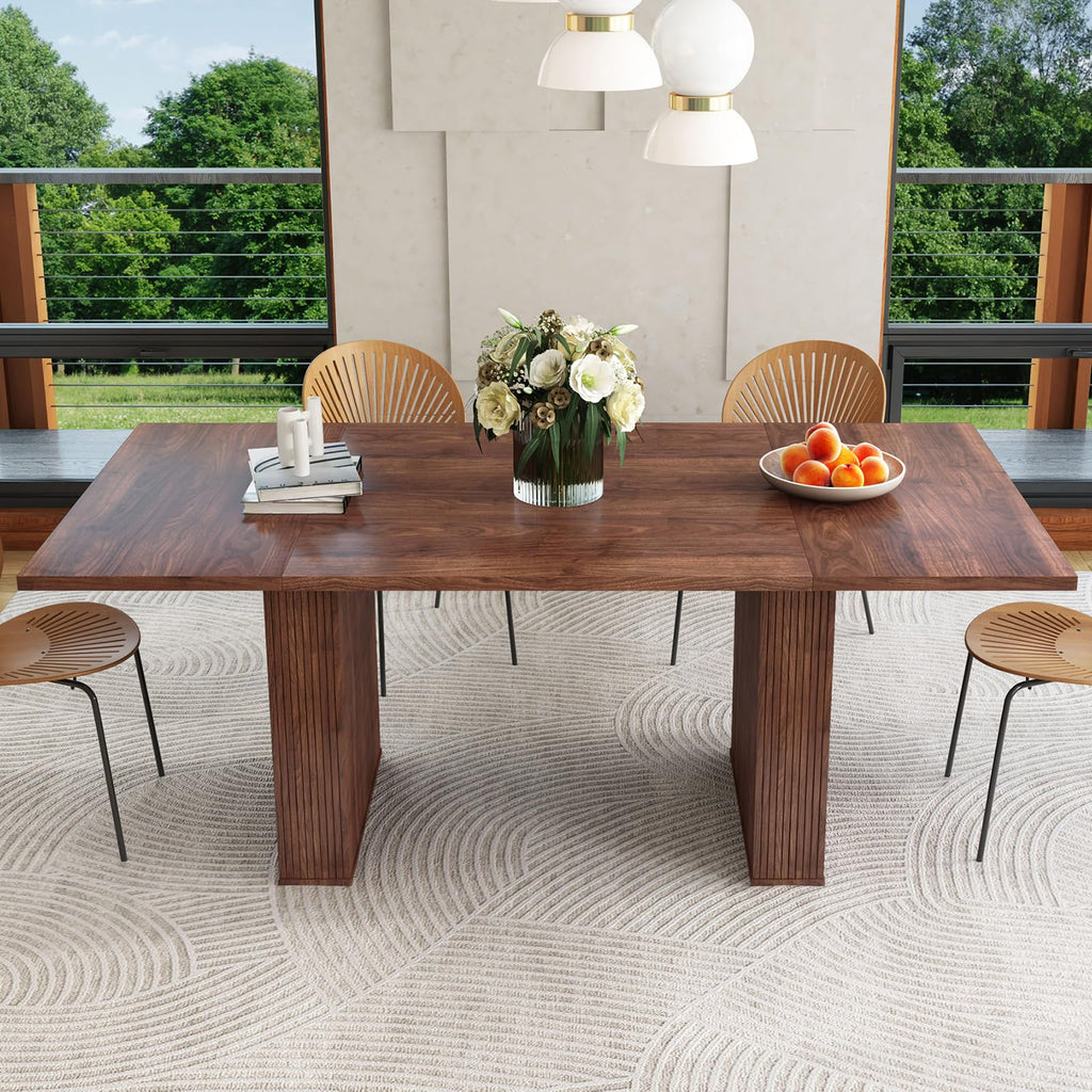 weselon 55"-71" Extendable Dining Table with Storage, Expandable Kitchen Table for 4-6, Space Saving Dining Room Table with Hidden Storage Cabinet, Adjustable Shelves & Fluted Base (Walnut)