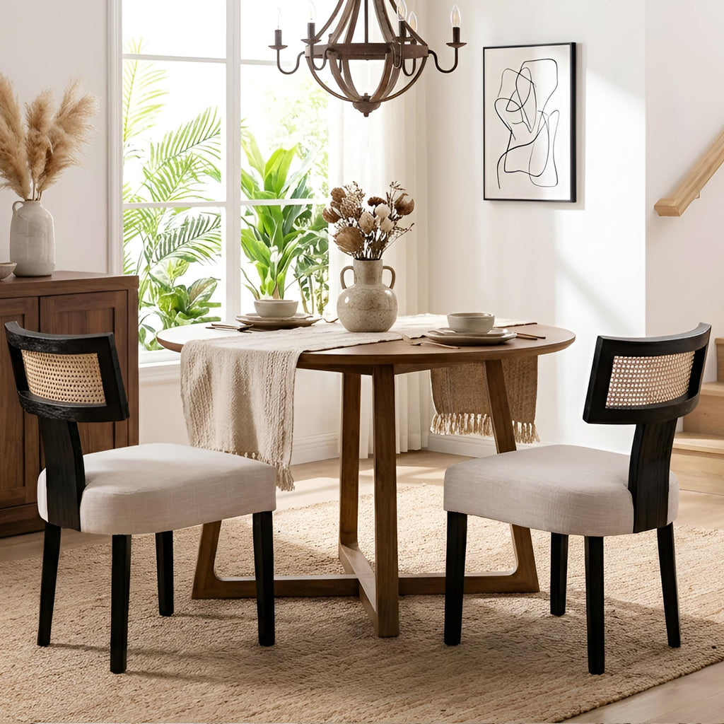 HNY Mid Century Modern Dining Chairs Set of 4, Upholstered Linen Kitchen & Dining Room Chairs with Ergonomic Curved Backrest, Solid Wood Legs, Farmhouse Accent Chair for Home, Apartment, Beige