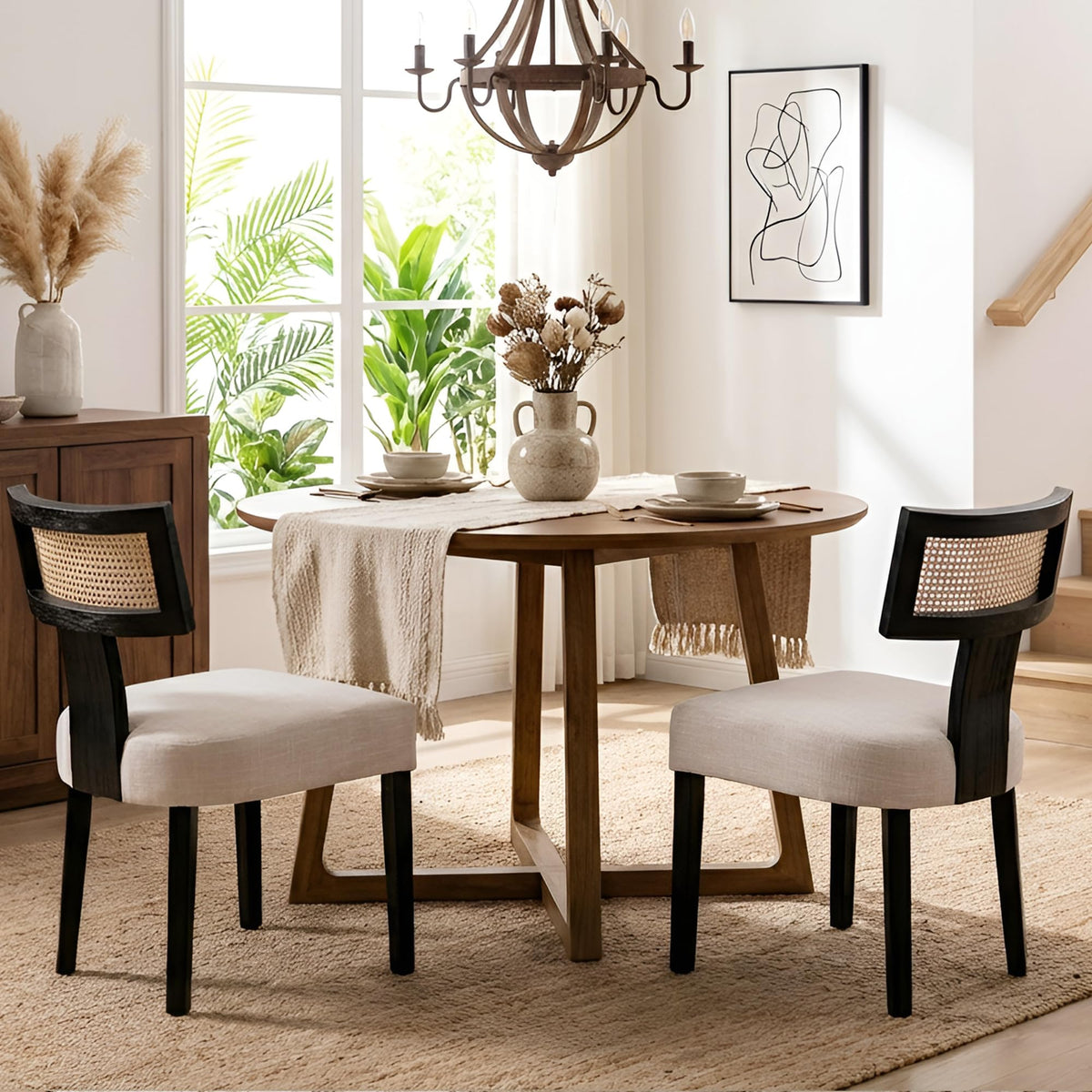 HNY Mid Century Modern Dining Chairs Set of 4, Upholstered Linen Kitchen & Dining Room Chairs with Ergonomic Curved Backrest, Solid Wood Legs, Farmhouse Accent Chair for Home, Apartment, Beige