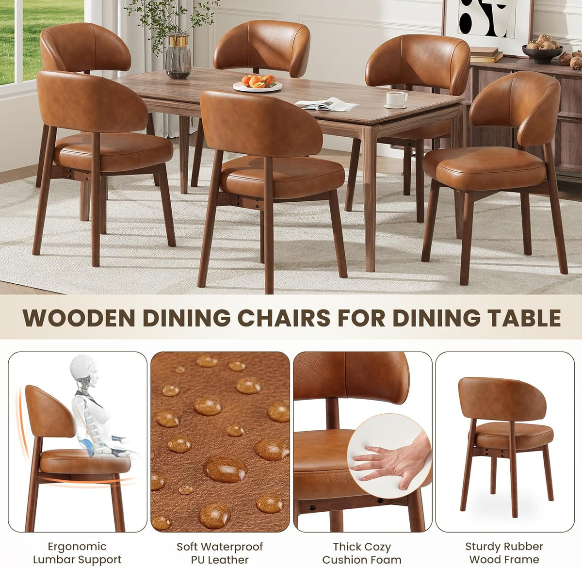 MALOL Wooden Dining Chairs Set of 4, Modern Upholstered Dining Room Kitchen Side Chairs with Curved Open Back for Living Room/Restaurant/Cafe, Brown