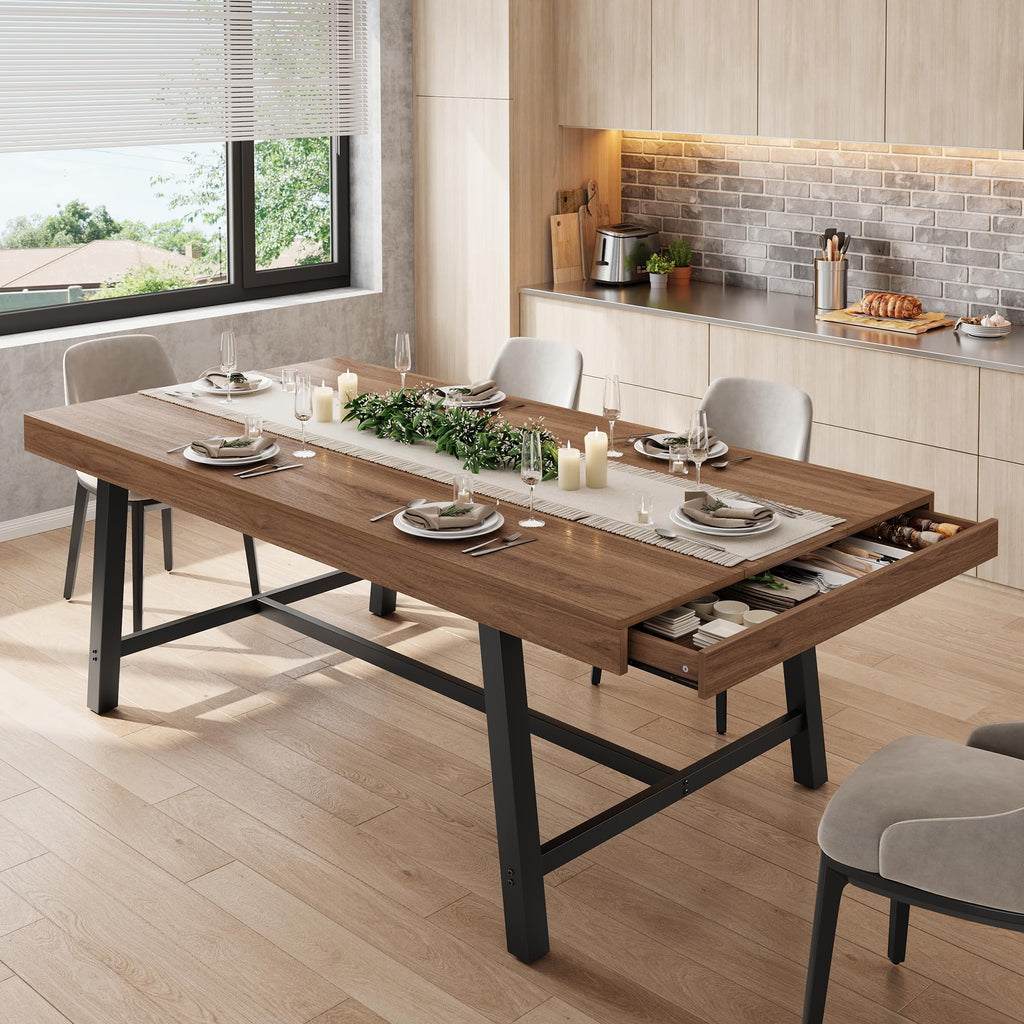 Industrial Dining Table for 6, 70.9" Rectangular Kitchen Table with Hidden 2 Storage Drawers, Wooden Dining Room Table with Heavy Duty Metal Frame, Kitchen & Dining Room Table for 6-8 People, Grey