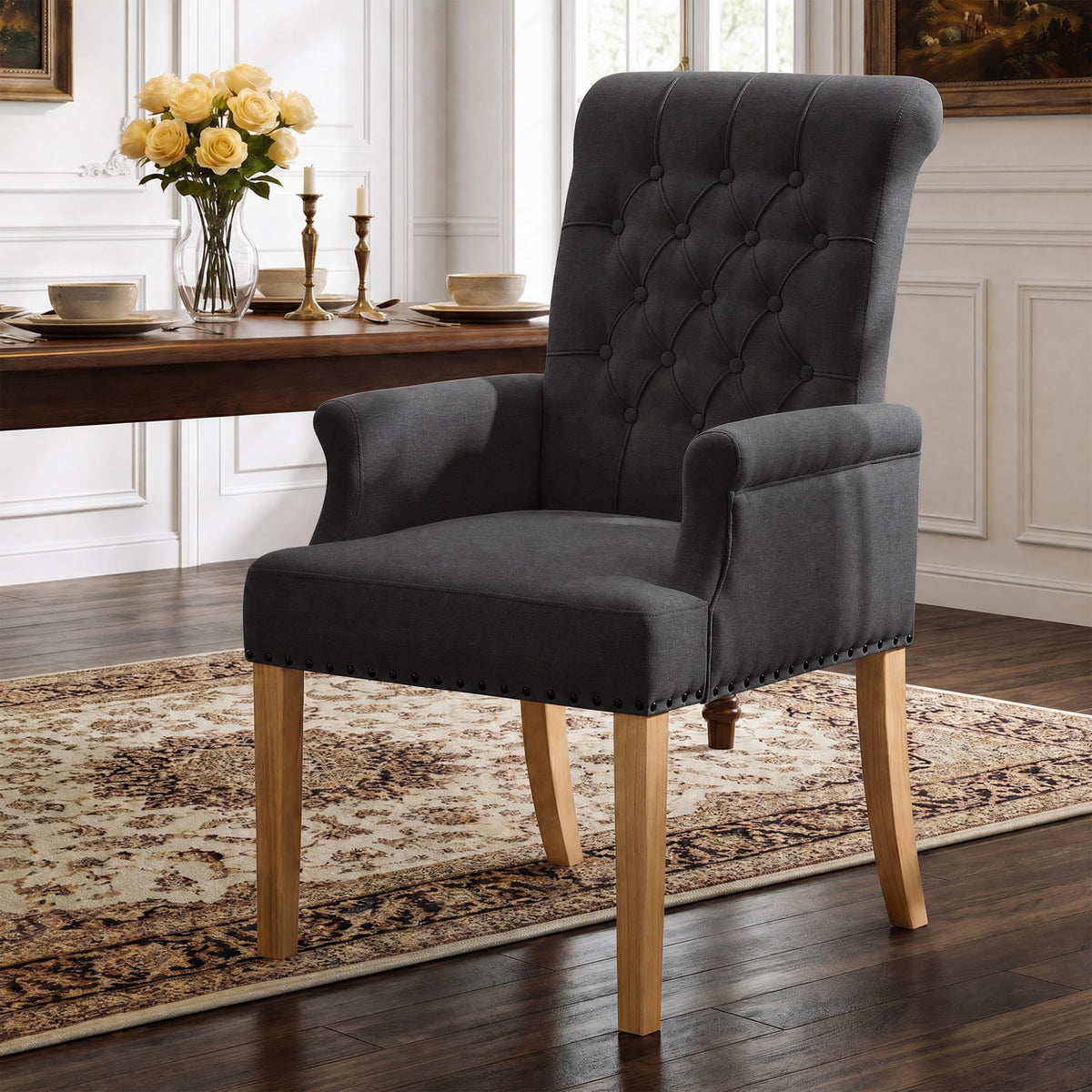 WUTUTUEE Fabric Dining Chair with Arms, Upholstered Tufted High Back Dining Room Chairs, Accent Armchair with Solid Wood Leg and Nailhead Trim, Kitchen Dining Living Room, Beige
