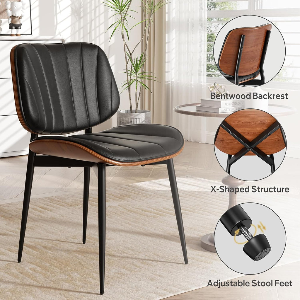 Dining Chairs Set of 2, Mid Century Modern Dining Room Chair, Upholstered Faux Leather Kitchen Chairs with Walnut Bentwood Back and Metal Legs for Kitchen Dining Room Living Room, Black