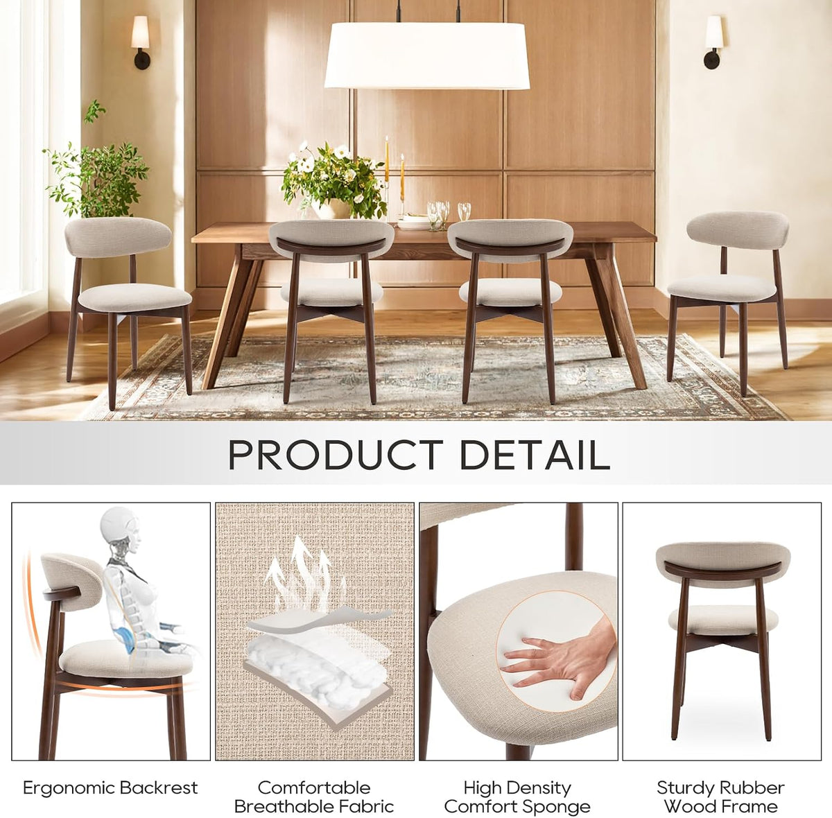 COLAMY Wooden Dining Chairs Set of 6, Upholstered Kitchen Side Chair, Beige