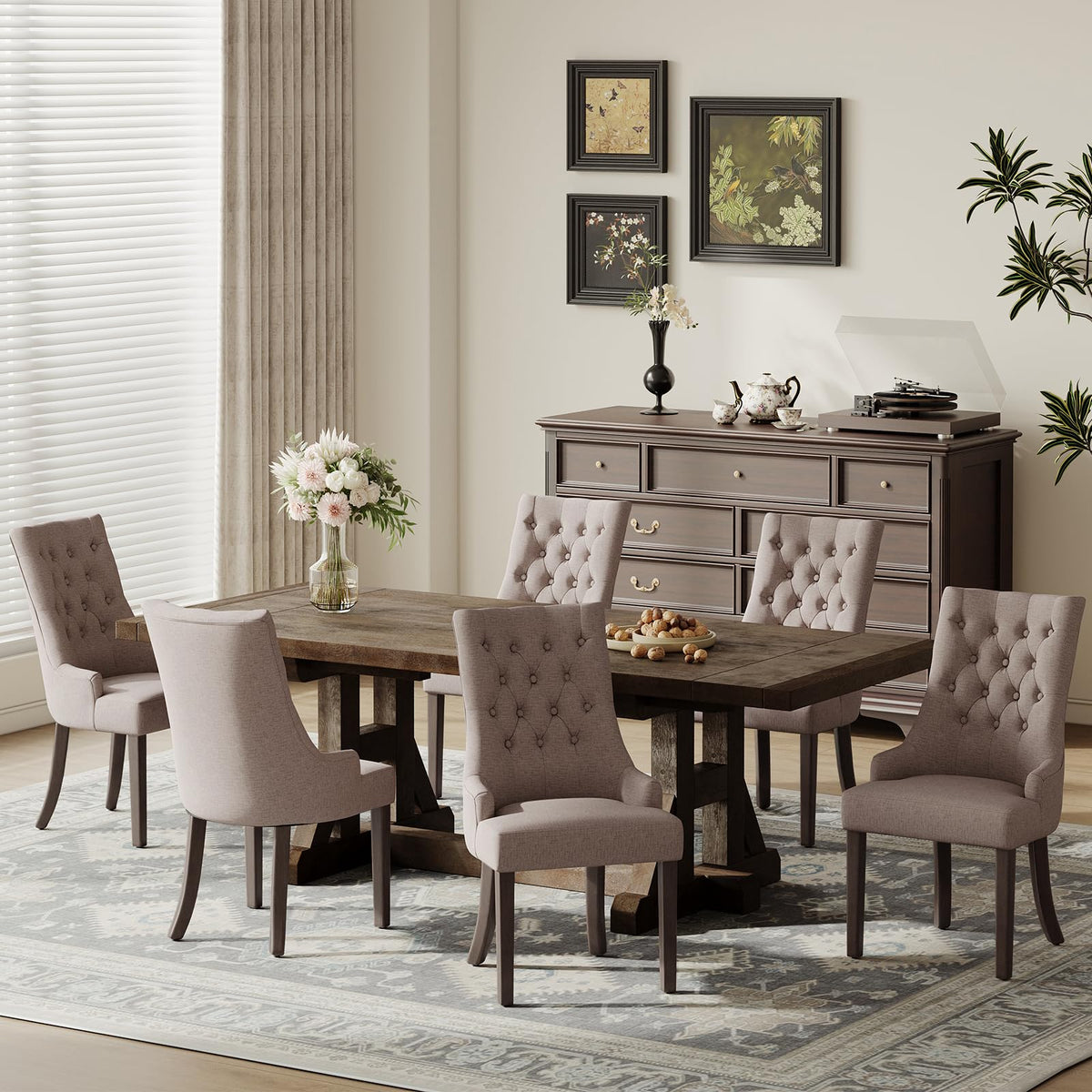 COLAMY Wingback Upholstered Dining Chairs Set of 4, Fabric Side Dining Room Chairs with Tufted Button, Living Room Chairs for Home Kitchen Resturant- Beige
