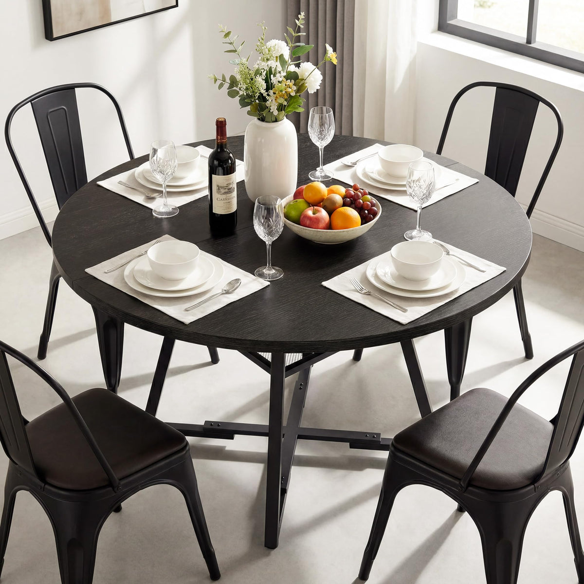 Alpen 42" Round Dining Table for 4-6, Farmhouse Kitchen Table with Storage Shelf, Wood Circle Table with Pedestal Metal Frame, Small Space Table for Apartment, Dining Room, Vintage Brown