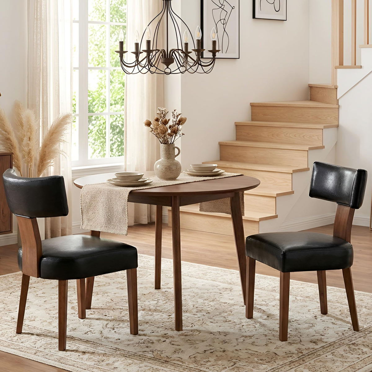 HNY Mid Century Modern Dining Chairs Set of 4, Upholstered Linen Kitchen & Dining Room Chairs with Ergonomic Curved Backrest, Solid Wood Legs, Farmhouse Accent Chair for Home, Apartment, Beige