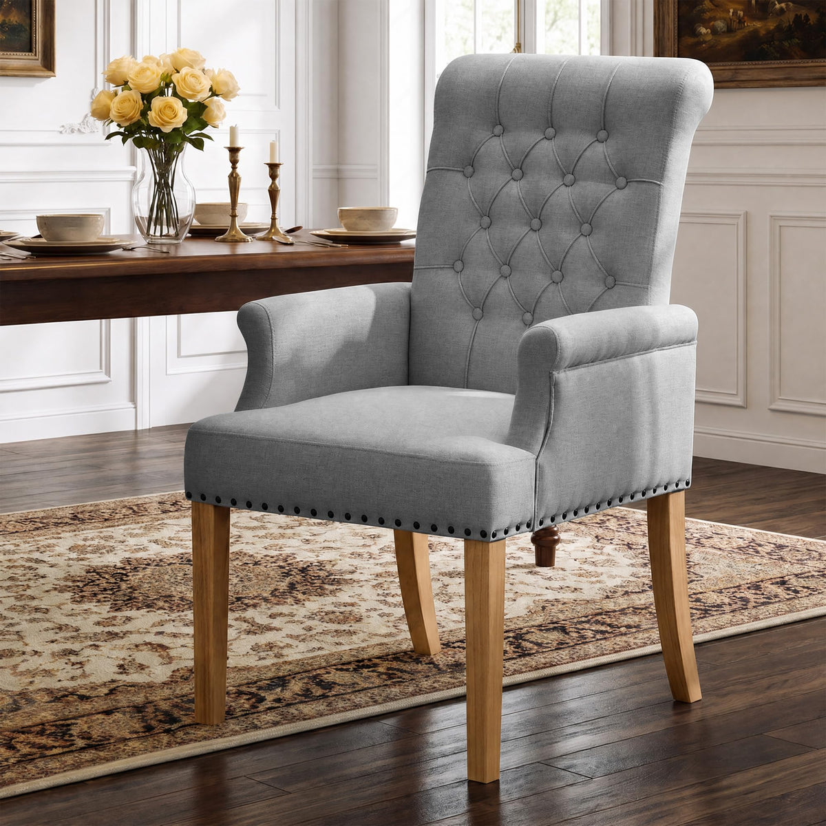 WUTUTUEE Fabric Dining Chair with Arms, Upholstered Tufted High Back Dining Room Chairs, Accent Armchair with Solid Wood Leg and Nailhead Trim, Kitchen Dining Living Room, Beige