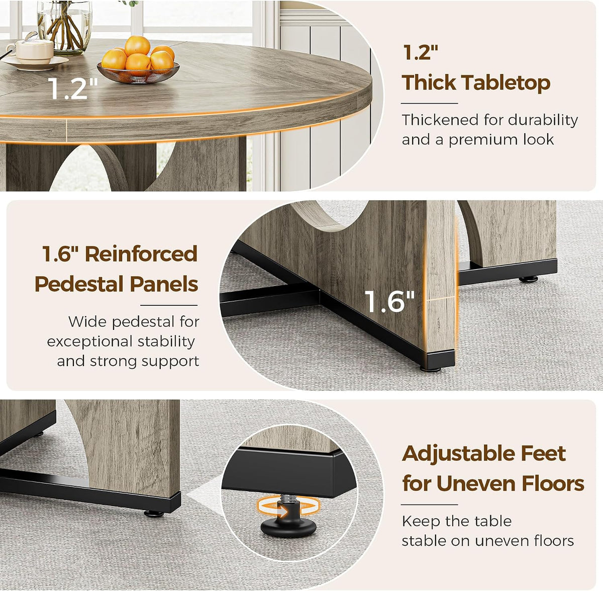 IRONCK 47" Round Dining Table for 4 with Pedestal Base, Gray