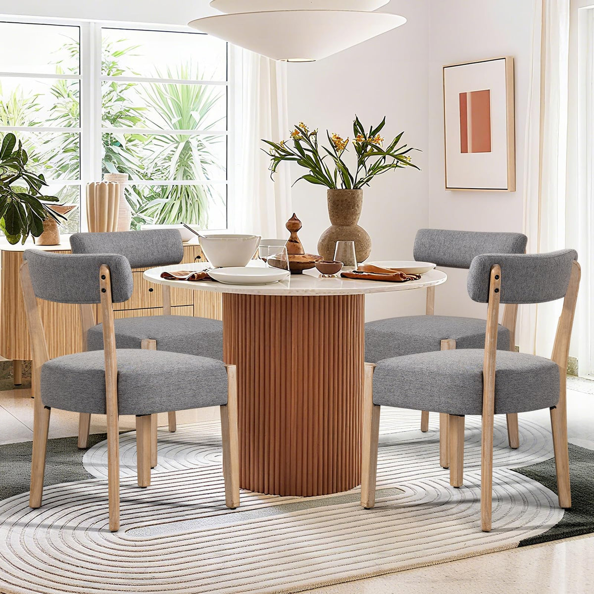 ZJhome Dining Chairs Set of 4,Mid Century Modern Dining Chair Set - Linen Upholstered Low Back Kitchen & Dining Room Chairs with Woven Design,Oatmeal Fabric
