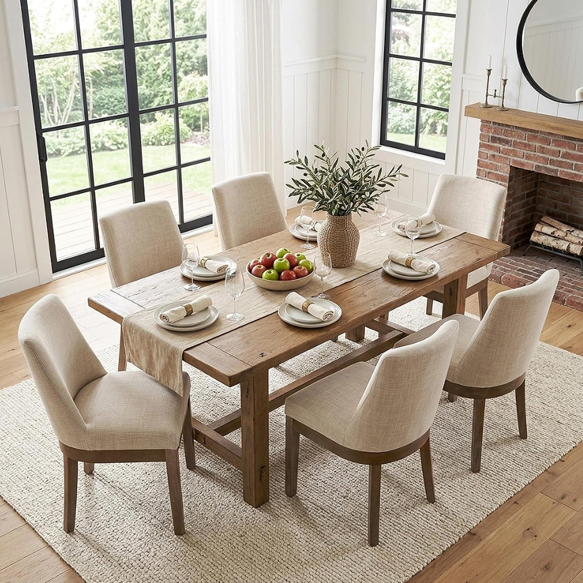 HNY Modern Dining Chairs Set of 6 with Comfortable Back Support, Farmhouse Soft Linen Upholstered Kitchen Dining Room Chairs with Solid Wood Legs, Armless Accent Side Chairs for Living Room, Beige