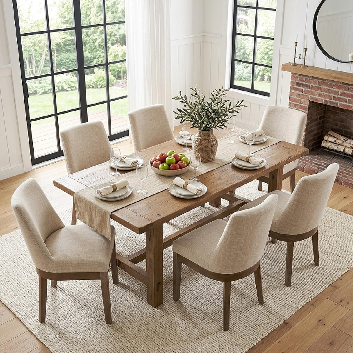 HNY Modern Dining Chairs Set of 6 with Comfortable Back Support, Farmhouse Soft Linen Upholstered Kitchen Dining Room Chairs with Solid Wood Legs, Armless Accent Side Chairs for Living Room, Beige