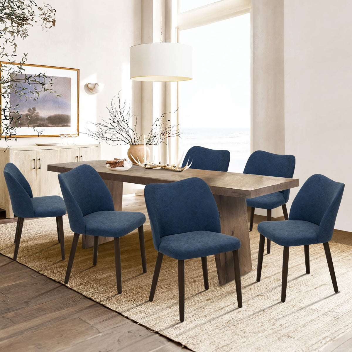 COLAMY Upholstered Dining Chairs Set of 6, Modern Kitchen & Dining Room Chairs with Curved Back, Fabric Padded Seat and Solid Wood Legs, Side Chairs for Restaurant, Cafe & Home, Beige