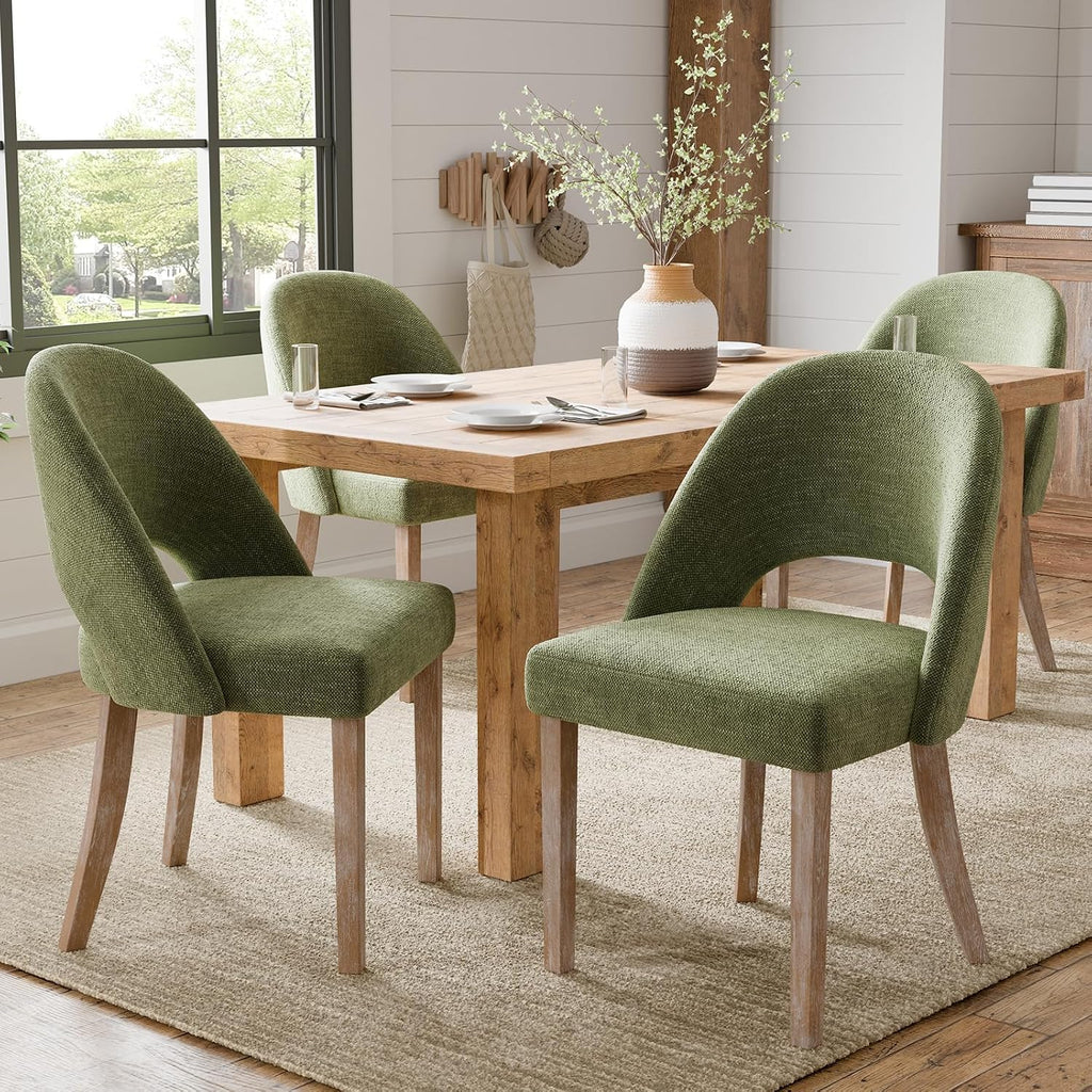 Wooden Dining Chairs Set of 4, Green Chenille Kitchen Dining Chairs