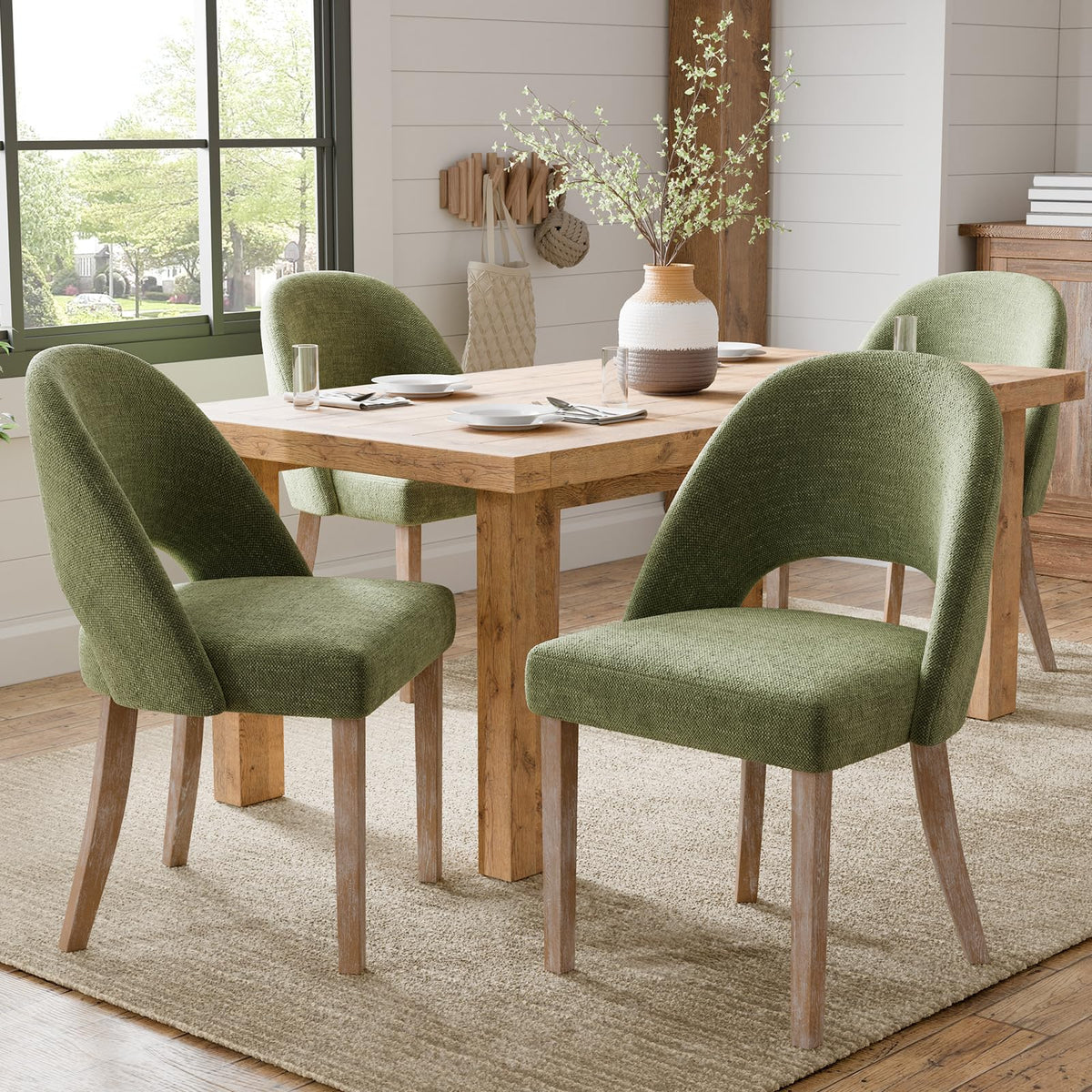 Wooden Dining Chairs Set of 4, Green Chenille Kitchen Dining Chairs