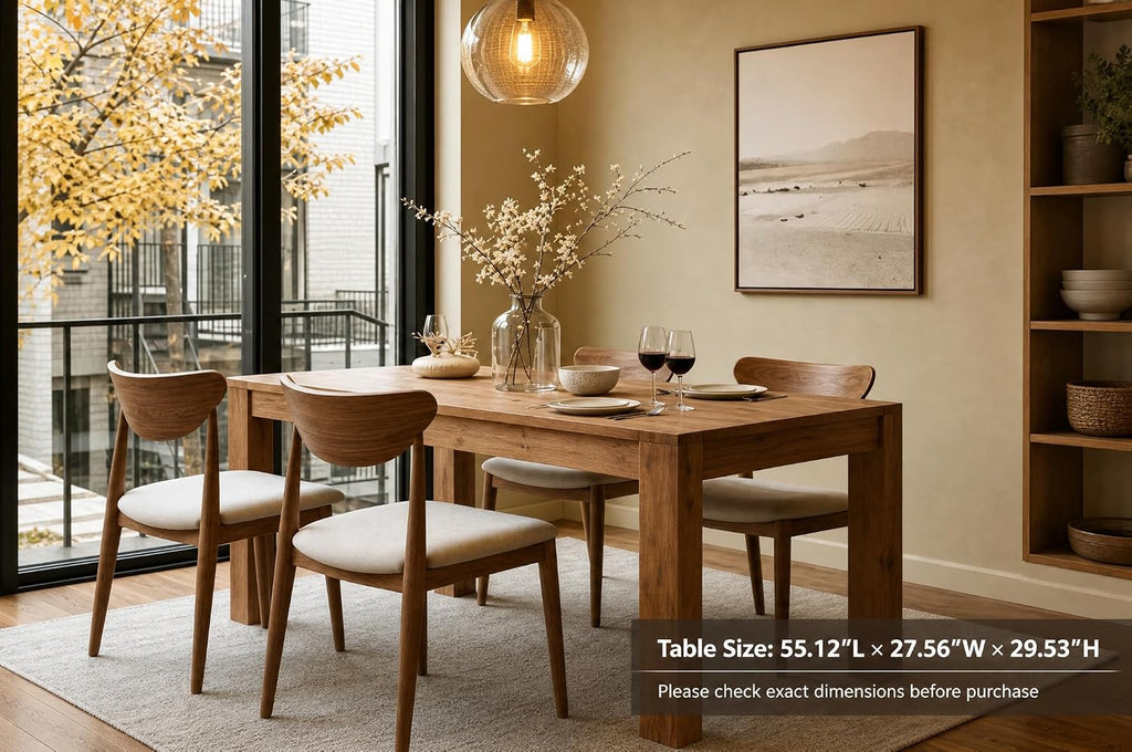 LITTLE TREE 55 Inch Solid Wood Rectangular Dining Table, 29.53" Standard Dining Height Farmhouse Kitchen Table with Thick Sturdy Legs, Compact 4‑6 Person Dinner Table, Rustic Brown, Table Only