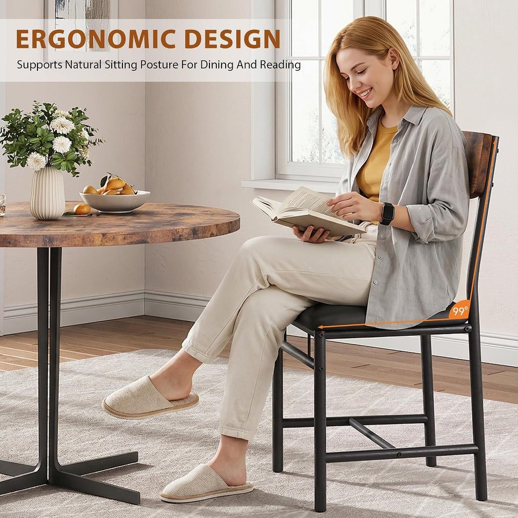 Jocoevol Industrial Dining Chairs Set of 4 - Upholstered Dining Room Chairs with PU Leather, Kitchen Chairs with Wooden Backrest and Thickened Metal Legs, for Dining Room, Living Room（Rustic Brown）