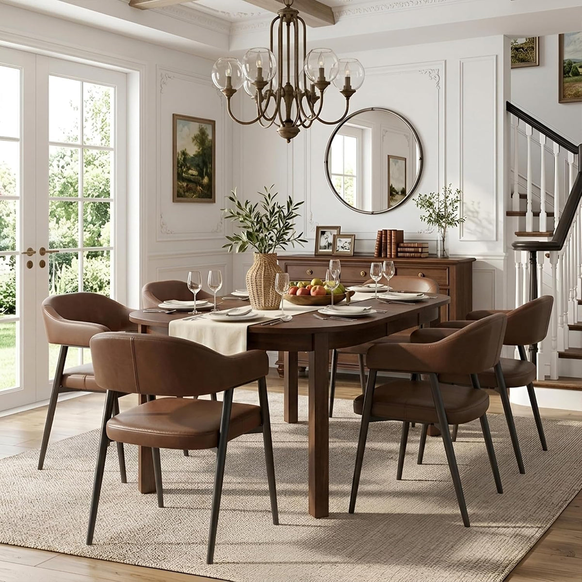 HNY Modern Dining Room Arm Chairs Set of 6, Retro Faux Leather Upholstered Barrel Dining Chairs with Arms Mid-Century Brown Accent Chair with Metal Legs, Open-Back Kitchen Side Chair for Living Room