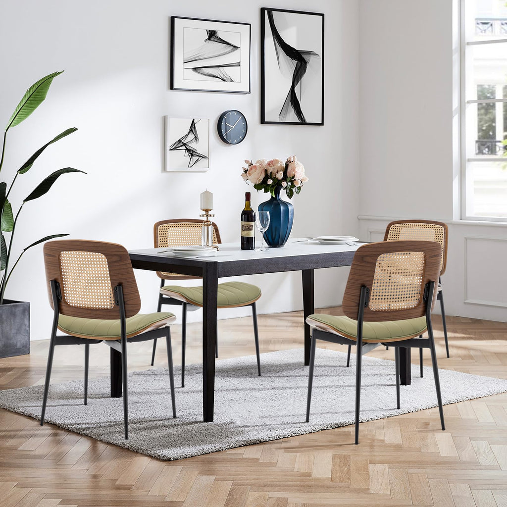 LUNLING Dining Chairs Set of 2 Mid Century Modern Retro Green Velvet Kitchen Chairs with Walnut Bentwood Upholstered Seat Metal Legs Adjustable Foot for Kitchen Dining Room Chairs(Green Fabric)