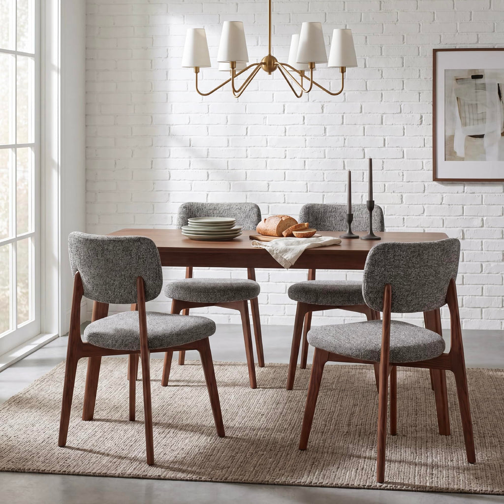 COLAMY Dining Chairs Set of 2, Mid Century Modern Upholstered Kitchen Chairs with Solid Red Oak Wood Legs, Textured Fabric Dining Room Accent Chairs for Small Spaces, 300 lbs Capacity,Walnut,Oatmeal