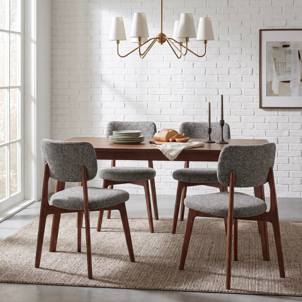 COLAMY Dining Chairs Set of 2, Mid Century Modern Upholstered Kitchen Chairs with Solid Red Oak Wood Legs, Textured Fabric Dining Room Accent Chairs for Small Spaces, 300 lbs Capacity,Walnut,Oatmeal