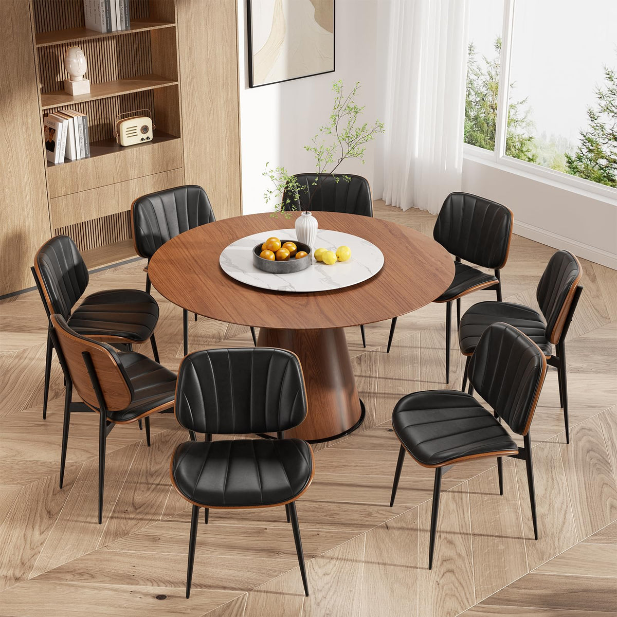 Dining Chairs Set of 2, Mid Century Modern Dining Room Chair, Upholstered Faux Leather Kitchen Chairs with Walnut Bentwood Back and Metal Legs for Kitchen Dining Room Living Room, Black