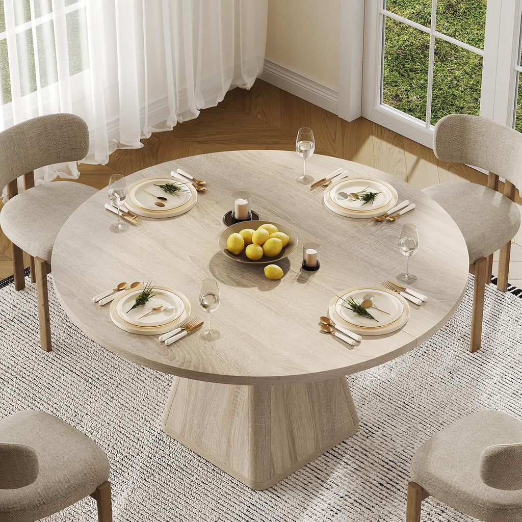 ONBRILL 47 Inch Round Dining Table for 4-6,Square Pedestal Base,Oak