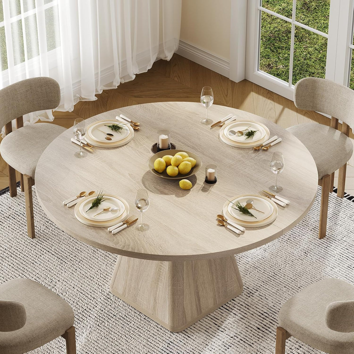 ONBRILL 47 Inch Round Dining Table for 4-6,Square Pedestal Base,Oak