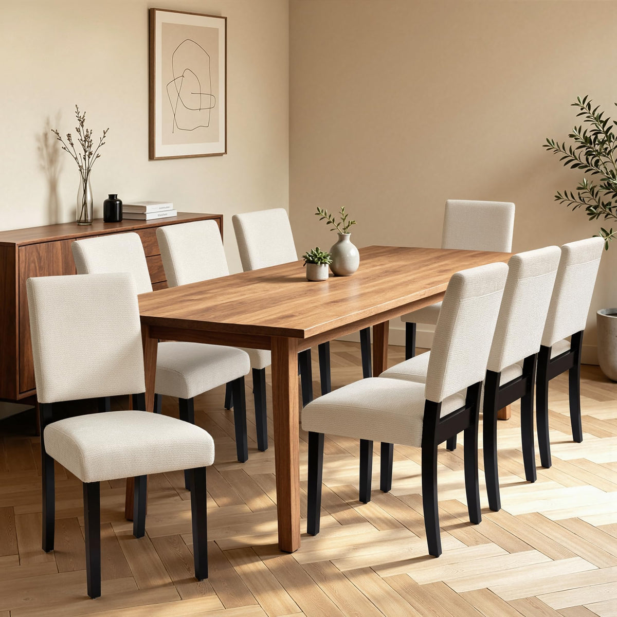 CHUN YI Dining Chairs Set of 4, Upholstered Dining Room Chairs, Modern Farmhouse Parsons Chairs with Solid Wood Legs & Fabric Padded Seat for Kitchen/Living Room/Restaurant, Beige