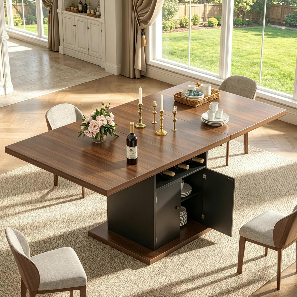 Extendable Rectangle Dining Table for 4-6, 47-63 Inch Faux Marble Kitchen Table with Storage Shelves and Wine Rack, Expandable Modern Rectangular Dinner Table for Kitchen, Dining Room, Black Pedestal
