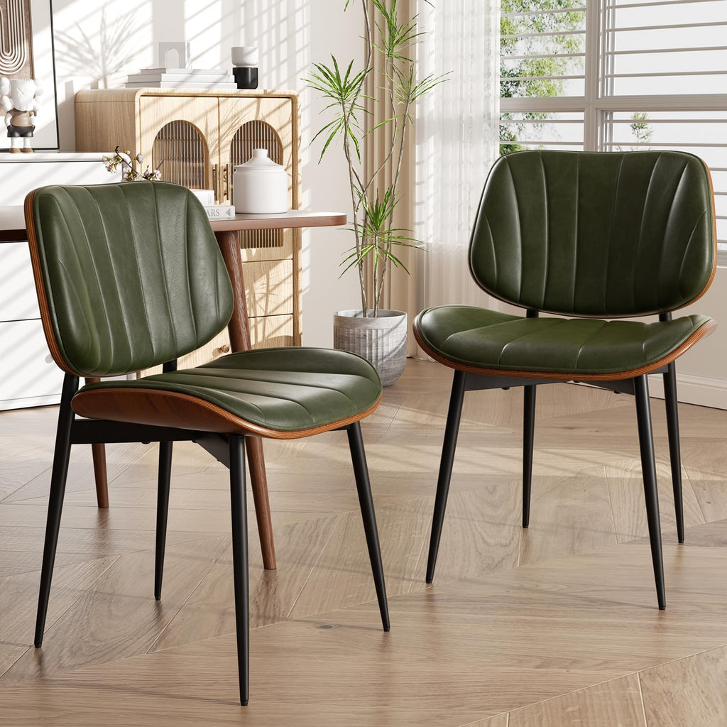 Dining Chairs Set of 2, Mid Century Modern Dining Room Chair, Upholstered Faux Leather Kitchen Chairs with Walnut Bentwood Back and Metal Legs for Kitchen Dining Room Living Room, Black
