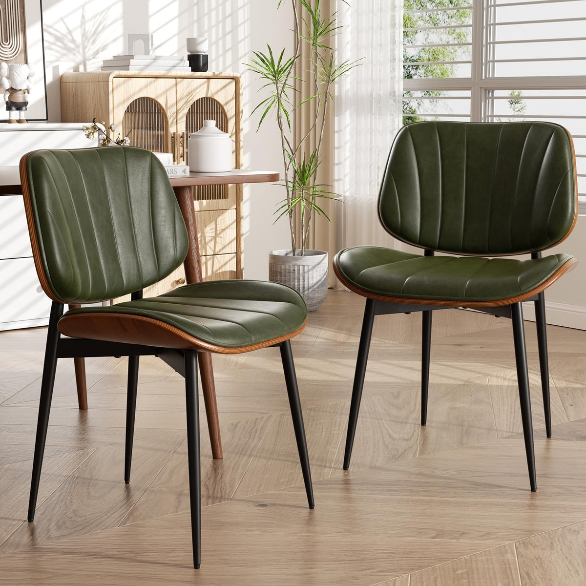 Dining Chairs Set of 2, Mid Century Modern Dining Room Chair, Upholstered Faux Leather Kitchen Chairs with Walnut Bentwood Back and Metal Legs for Kitchen Dining Room Living Room, Black