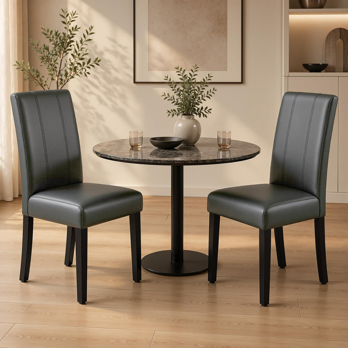 CHUN YI Dining Chairs Set of 4, Faux Leather Dining Room Chairs, Upholstered Modern Kitchen Parsons Chairs for Dining Room with Sturdy Wood Legs, Black (Only Chair)