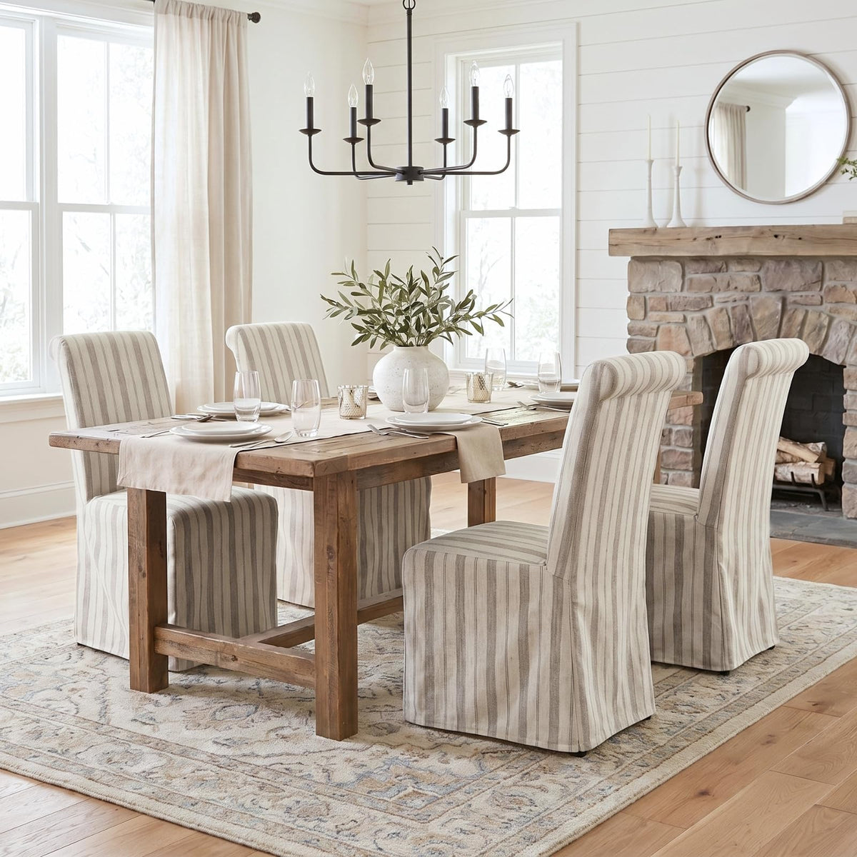 chairus Slipcovered Upholstered Parsons Dining Chairs Set of 4, Blue Stripe