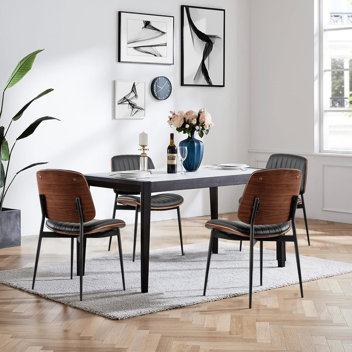 LUNLING Dining Chairs Set of 2 Mid Century Modern Retro Green Velvet Kitchen Chairs with Walnut Bentwood Upholstered Seat Metal Legs Adjustable Foot for Kitchen Dining Room Chairs(Green Fabric)