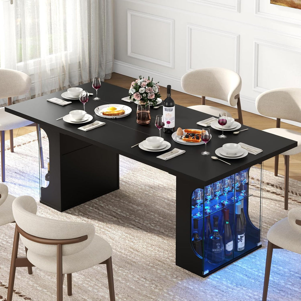 Loomie 70.8" Large Dining Table with Glass Storage Cabinet & LED Lights