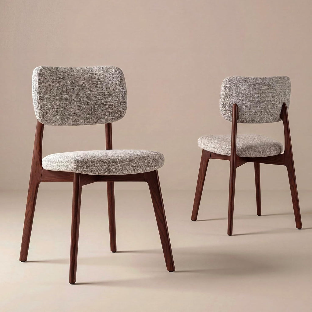 COLAMY Dining Chairs Set of 2, Mid Century Modern Upholstered Kitchen Chairs with Solid Red Oak Wood Legs, Textured Fabric Dining Room Accent Chairs for Small Spaces, 300 lbs Capacity,Walnut,Oatmeal