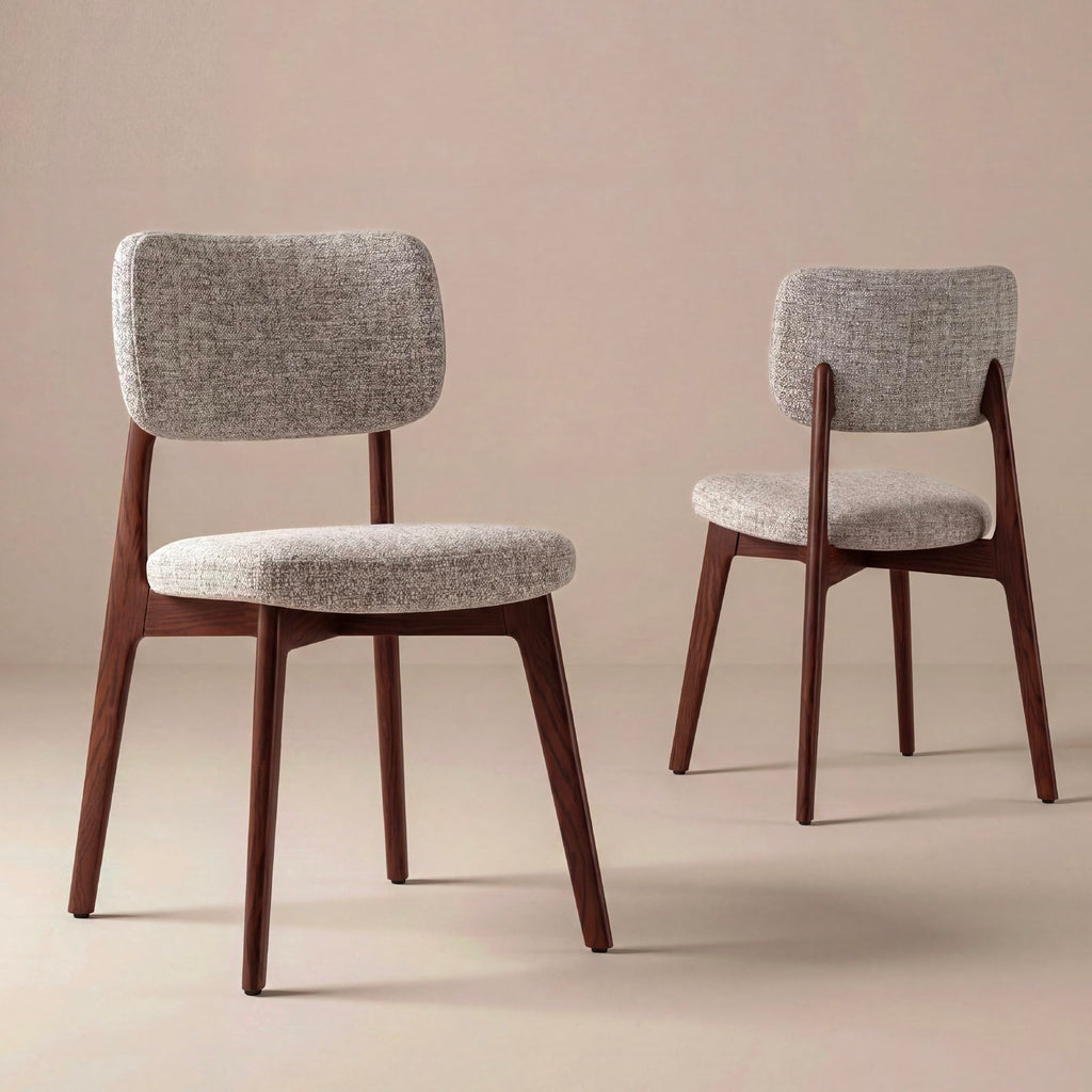 COLAMY Dining Chairs Set of 2, Mid Century Modern Upholstered Kitchen Chairs with Solid Red Oak Wood Legs, Textured Fabric Dining Room Accent Chairs for Small Spaces, 300 lbs Capacity,Walnut,Oatmeal