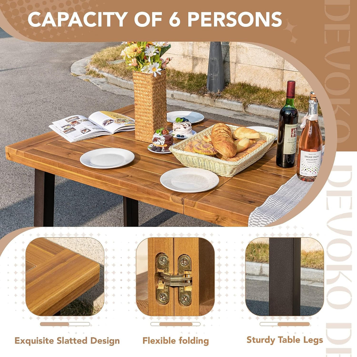 Devoko 6 Person Acacia Wood Dining Table for Kitchen,Natural