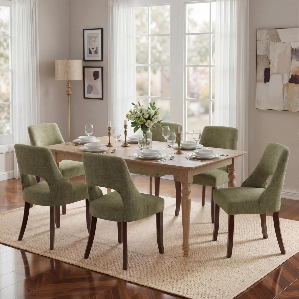 UVV Wooden Dining Chairs Set of 2, Mid Century Modern Chenille Upholstered Dining Room Chair Kitchen Chairs, Farmhouse Dinner Chair with Solid Wood Legs for Kitchen Dining Room, Green