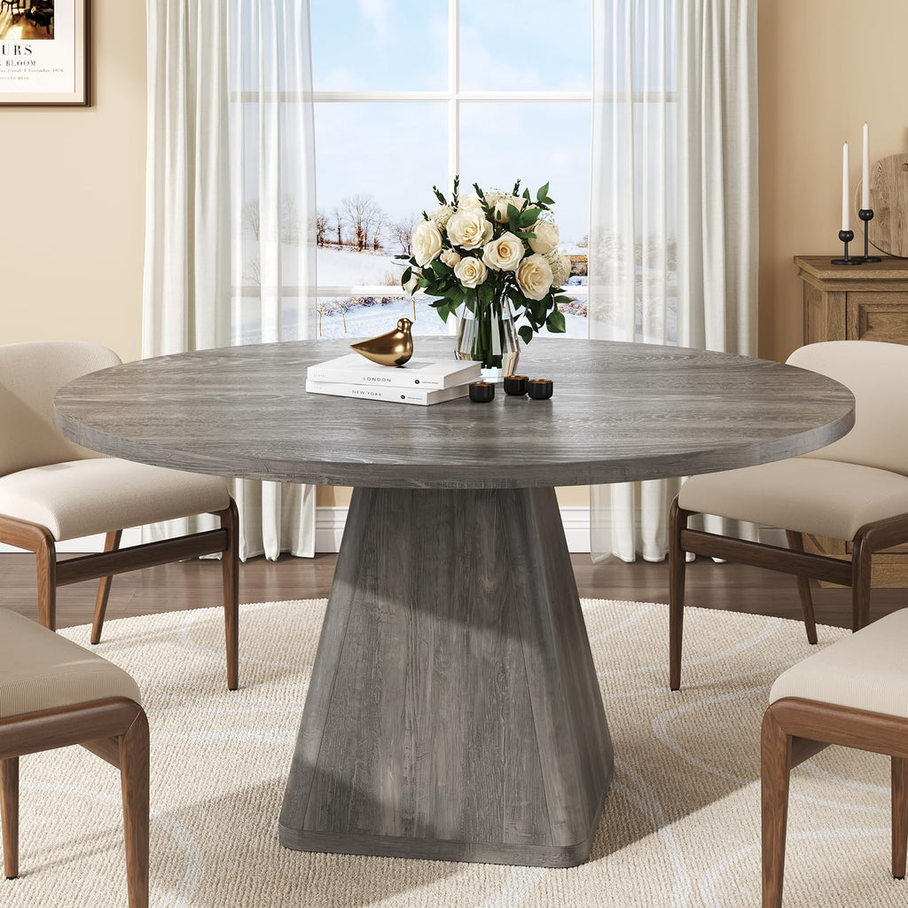 ONBRILL 47 Inch Round Dining Table for 4-6,Square Pedestal Base,Oak