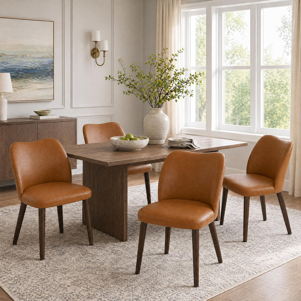 COLAMY Upholstered Dining Chairs Set of 6, Modern Kitchen & Dining Room Chairs with Curved Back, Fabric Padded Seat and Solid Wood Legs, Side Chairs for Restaurant, Cafe & Home, Beige