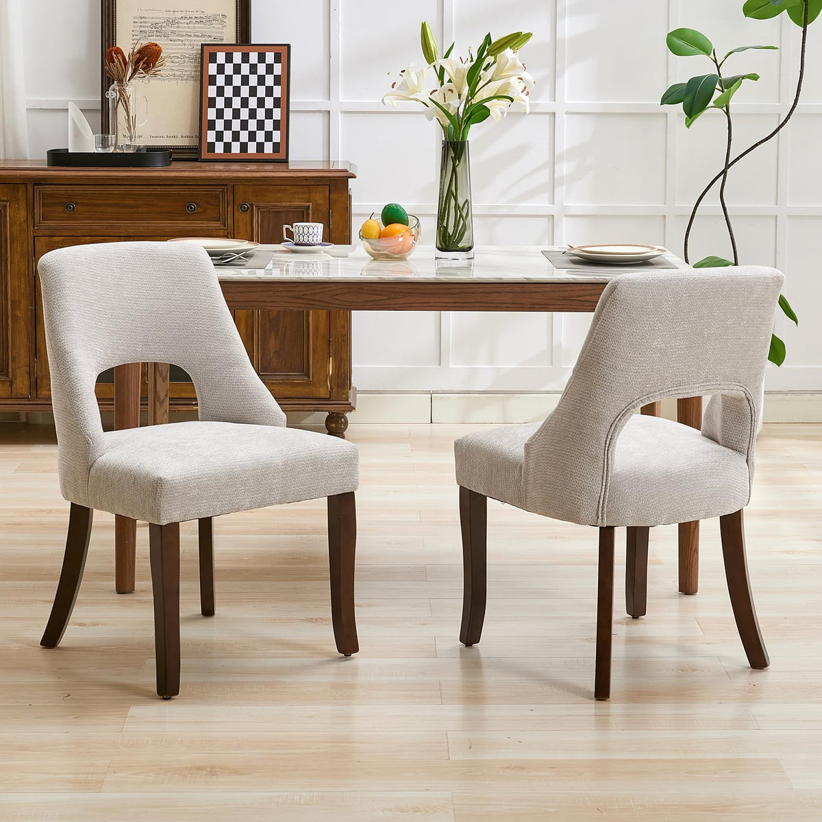 UVV Wooden Dining Chairs Set of 2, Mid Century Modern Chenille Upholstered Dining Room Chair Kitchen Chairs, Farmhouse Dinner Chair with Solid Wood Legs for Kitchen Dining Room, Green