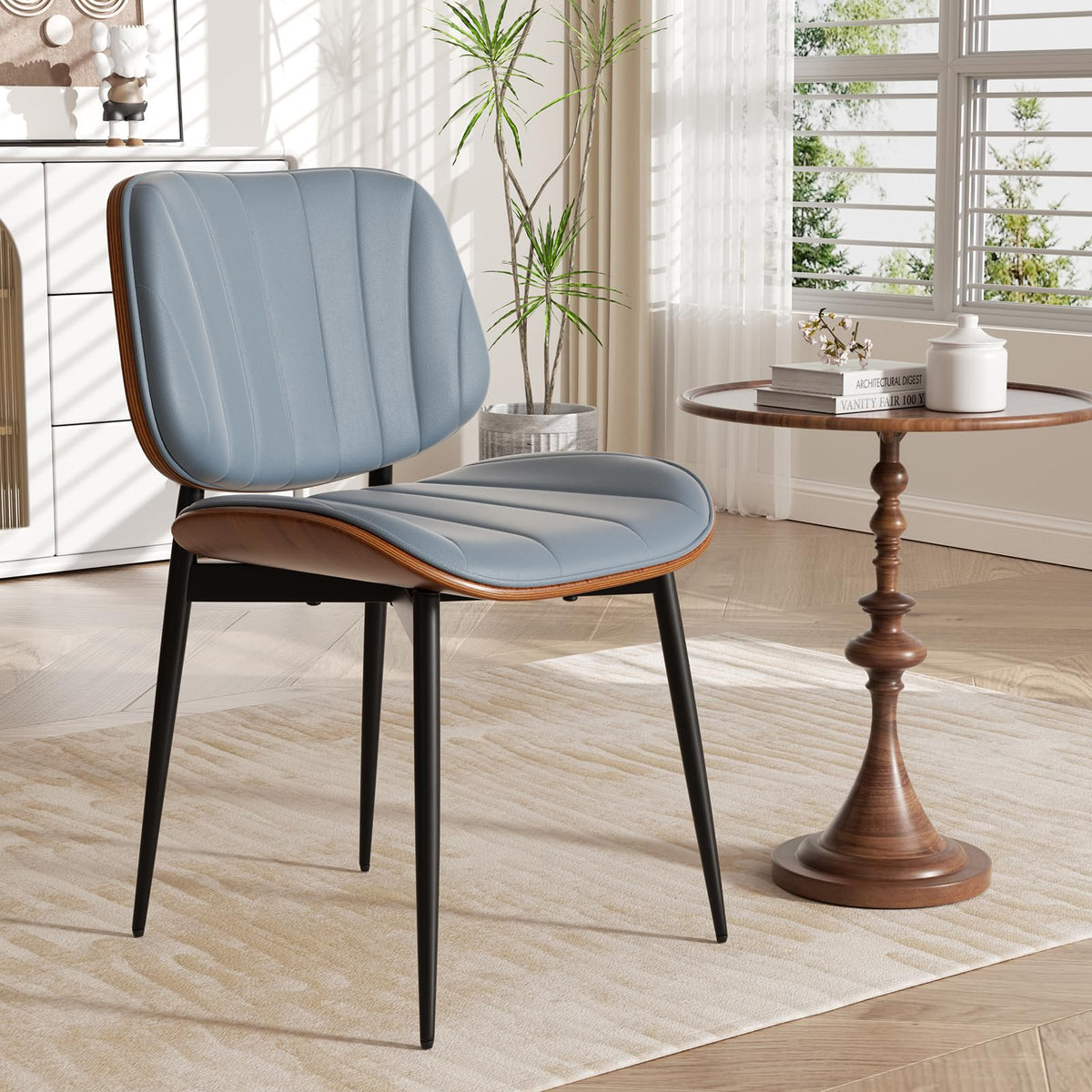 Dining Chairs Set of 2, Mid Century Modern Dining Room Chair, Upholstered Faux Leather Kitchen Chairs with Walnut Bentwood Back and Metal Legs for Kitchen Dining Room Living Room, Black