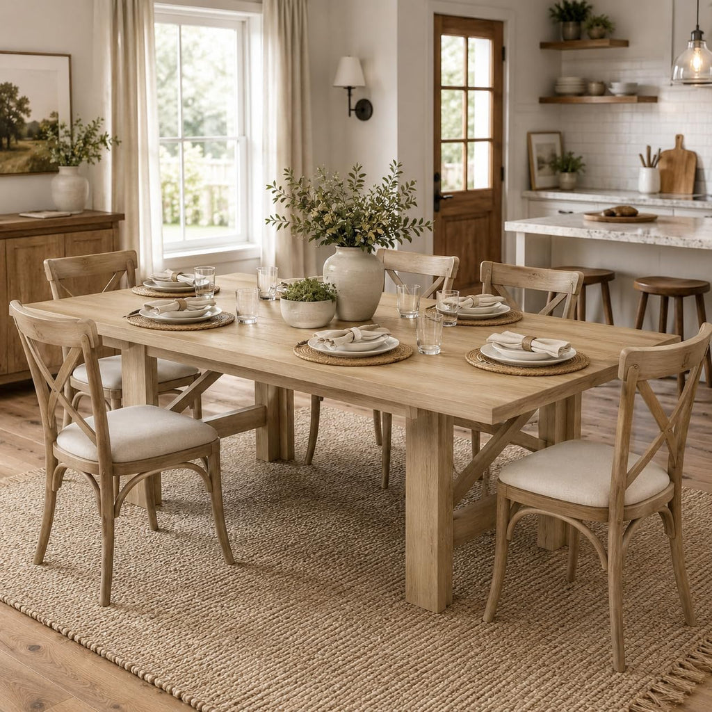 71" Farmhouse Dining Table for 6-8 Person, Large Rectangular Wood Dining Room Table Only, Rock-Strong Thick Base & Heavy Duty Triangular Legs for Kitchen, Office & Restaurant, Natural Wood