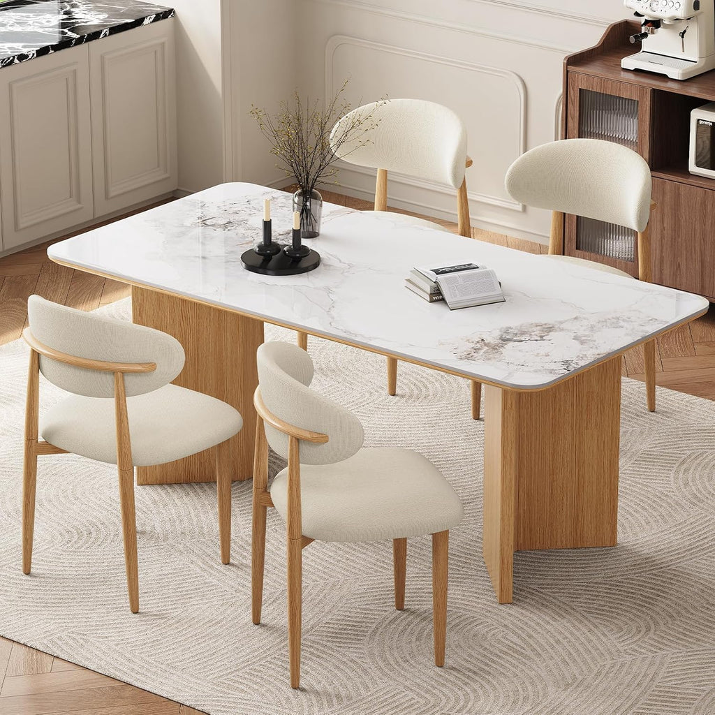 Dining Chairs, Modern Fabric Upholstered Dining Room Chair MetalKitchen Chairs, Farmhouse Dinner Chair for Kitchen Dining Room, Beige (4, Beige Seat/Wood-Grain Metal Legs)