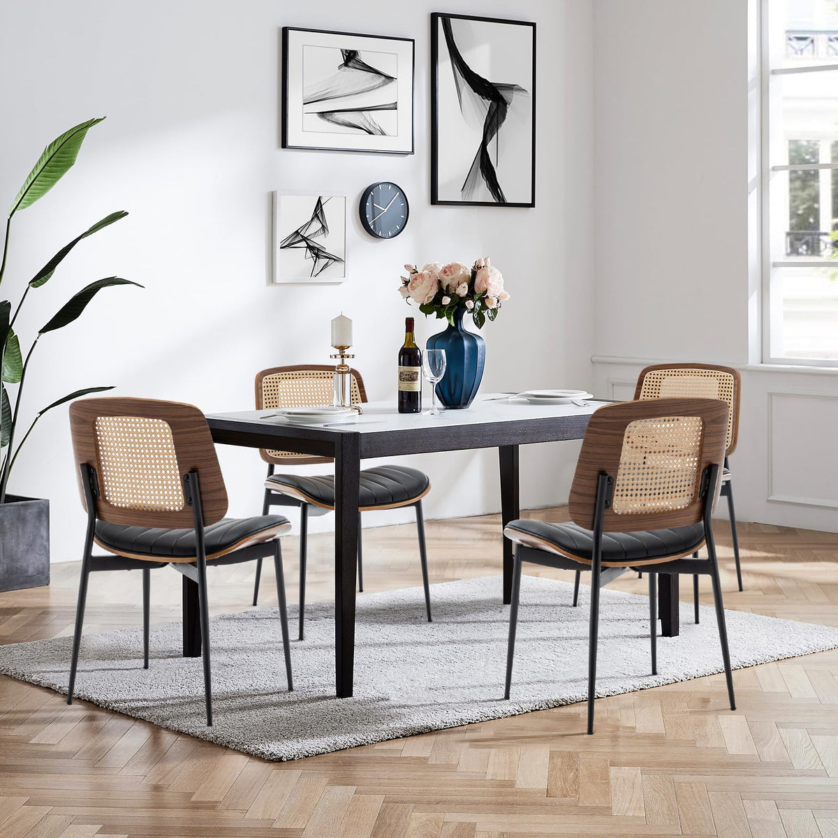 LUNLING Dining Chairs Set of 2 Mid Century Modern Retro Green Velvet Kitchen Chairs with Walnut Bentwood Upholstered Seat Metal Legs Adjustable Foot for Kitchen Dining Room Chairs(Green Fabric)