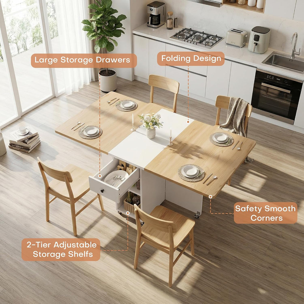 Jocoevol Space Saving Folding Dining Table for 4, Foldable Dining Table with Drawer and Storage Shelf, 6 Wheels Drop Leaf Kitchen Dining Room Table for Small Space (Natural, 47.2" x 23.6" x 29.9")