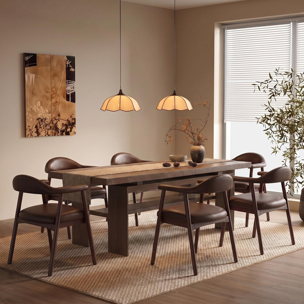 MALOL Leather Dining Chair with Armrest Set of 4, Upholstered Dining Room Chair with Curved Back and Wood Legs, Mid Century Modern Kitchen Chairs for Kitchen Dining Room,Brown
